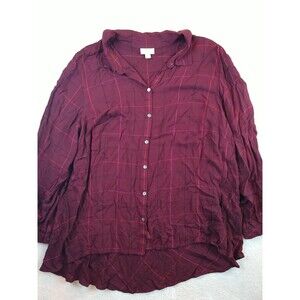 J. Jill Button Shirt Women's 2x Wine Red Maroon Plaid Long Sleeve Rayon